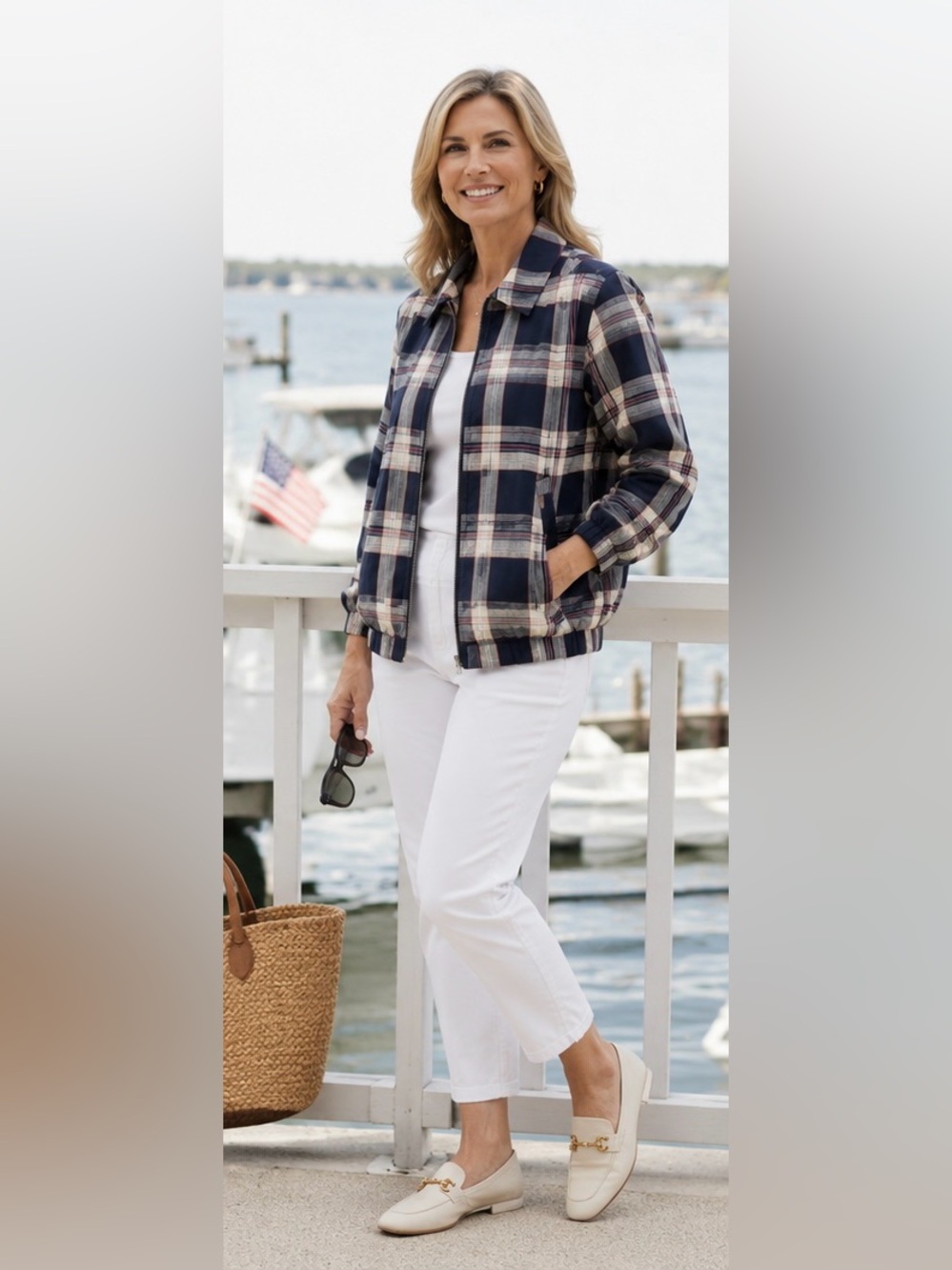 Plaid Zip Jacket Shacket Nautical Preppy Lightweight Coastal Capsule Lagenlook M